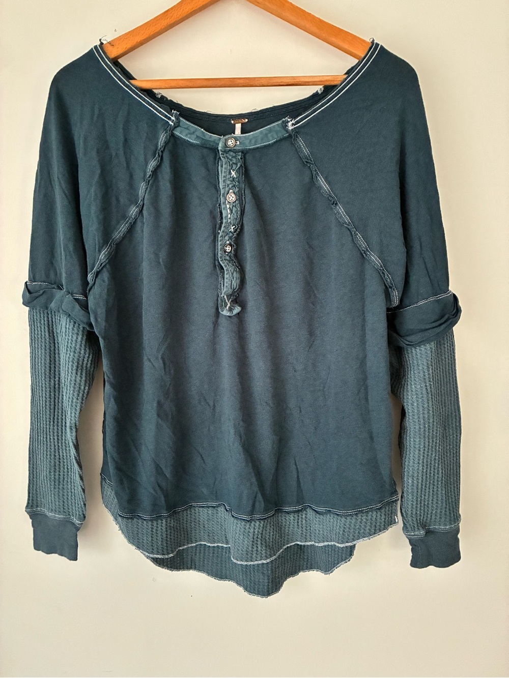Free People Top Women’s S Linen Thermal Henley Layered Blue Boho